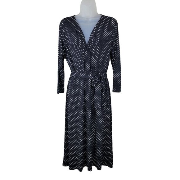 Talbots Party Dress Size 6 stretch summer Pinup Tie Waist Black Polkadot Long - Picture 2 of 7